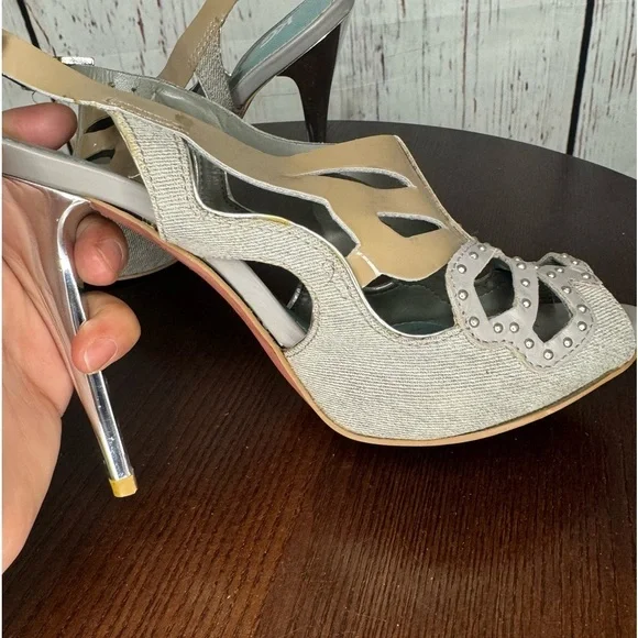 KG KURT GEIGER DENIM, Calf, PATENT Leather Laser Cut Studded heeled Sandals 37 - Picture 11 of 16